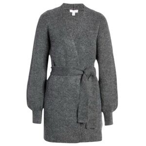 TOPSHOP Gray Belted Long Cardigan Sweater M Balloon Sleeve Chunky Knit Cozy